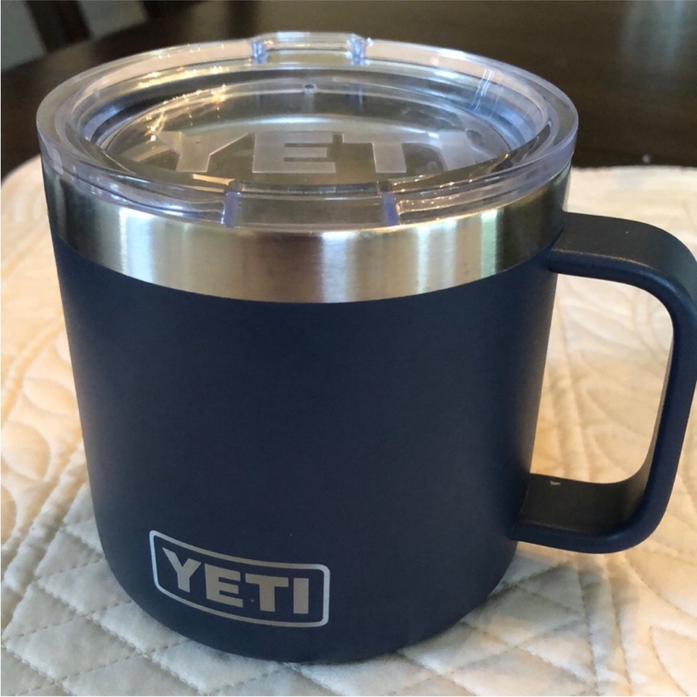 💙YETI Matte Blue & Silver Handle Mug with Clear Logo cover